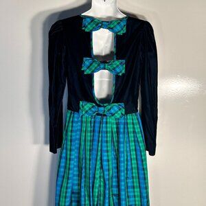 Vintage Allen Lolly SZ 10 Navy Velvet & Plaid Taffeta Dress 80's Party Christmas